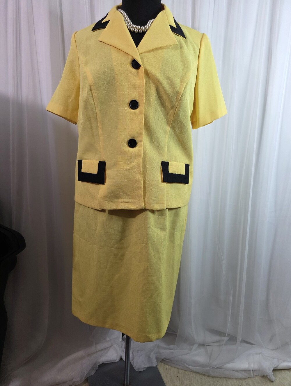 I.S.B. Yellow Women's Two-Piece Skirt Suit with Black Trim, Size 18W
